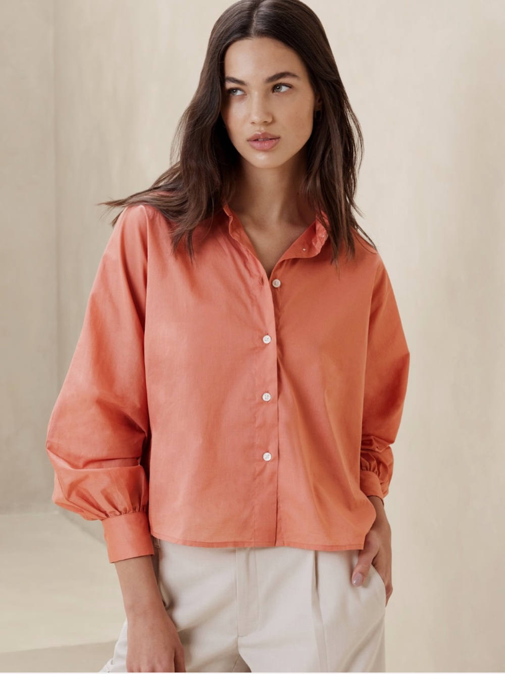 Banana Republic Coral Button-Front Puff Sleeve Blouse